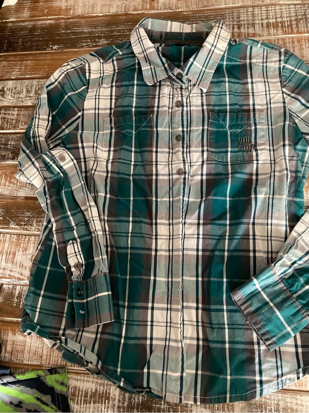 Volcom Teal and White Plaid Button-Down Shirt